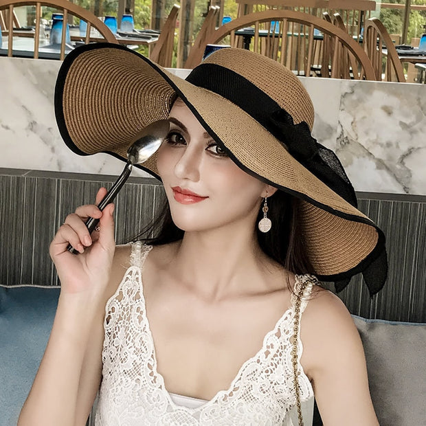 Elegant Wide Brim Straw Hat(with Ribbon)