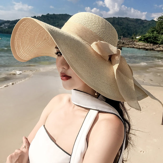 Elegant Wide Brim Straw Hat(with Ribbon)