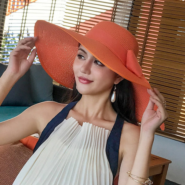 Elegant Wide Brim Straw Hat(with Ribbon)