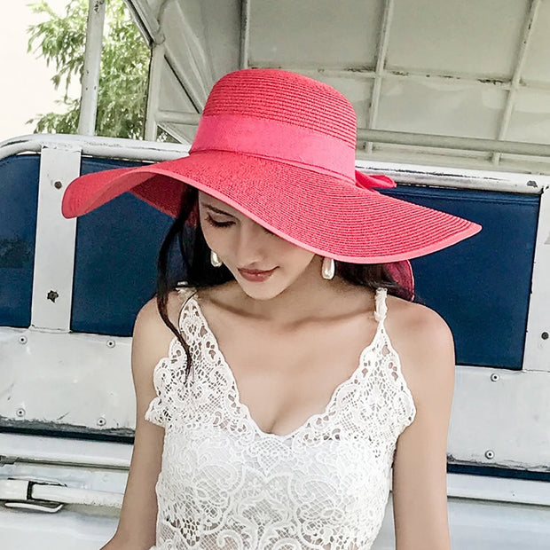 Elegant Wide Brim Straw Hat(with Ribbon)