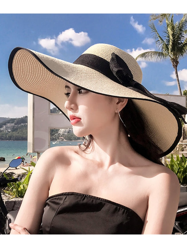 Elegant Wide Brim Straw Hat(with Ribbon)