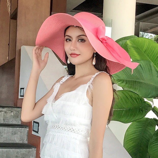 Elegant Wide Brim Straw Hat(with Ribbon)